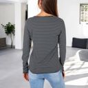 Black Large Long Sleeve Striped Henley Top with Button Placket and Scoop Neck