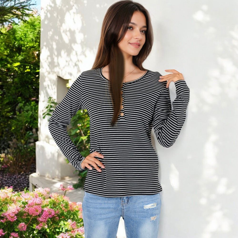 Long Sleeve Striped Henley Top with Button Placket and Scoop Neck