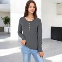 Black Small Long Sleeve Striped Henley Top with Button Placket and Scoop Neck