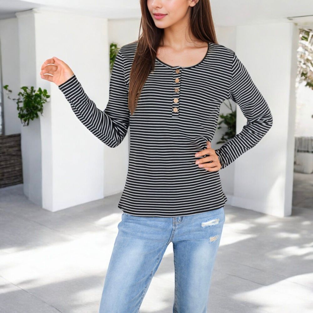 Long Sleeve Striped Henley Top with Button Placket and Scoop Neck