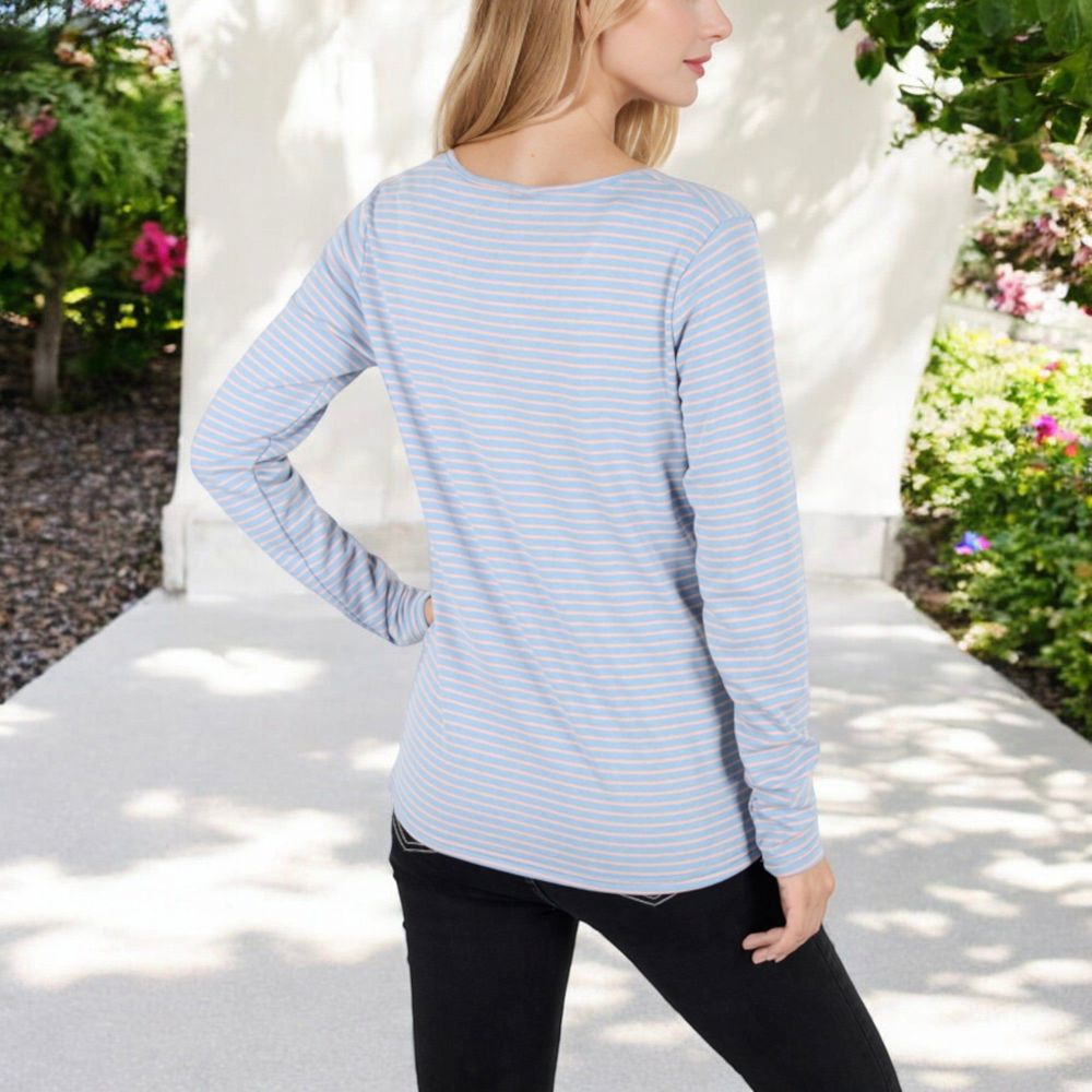 Long Sleeve Striped Henley Top with Button Placket and Scoop Neck