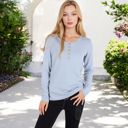 Blue Large Long Sleeve Striped Henley Top with Button Placket and Scoop Neck