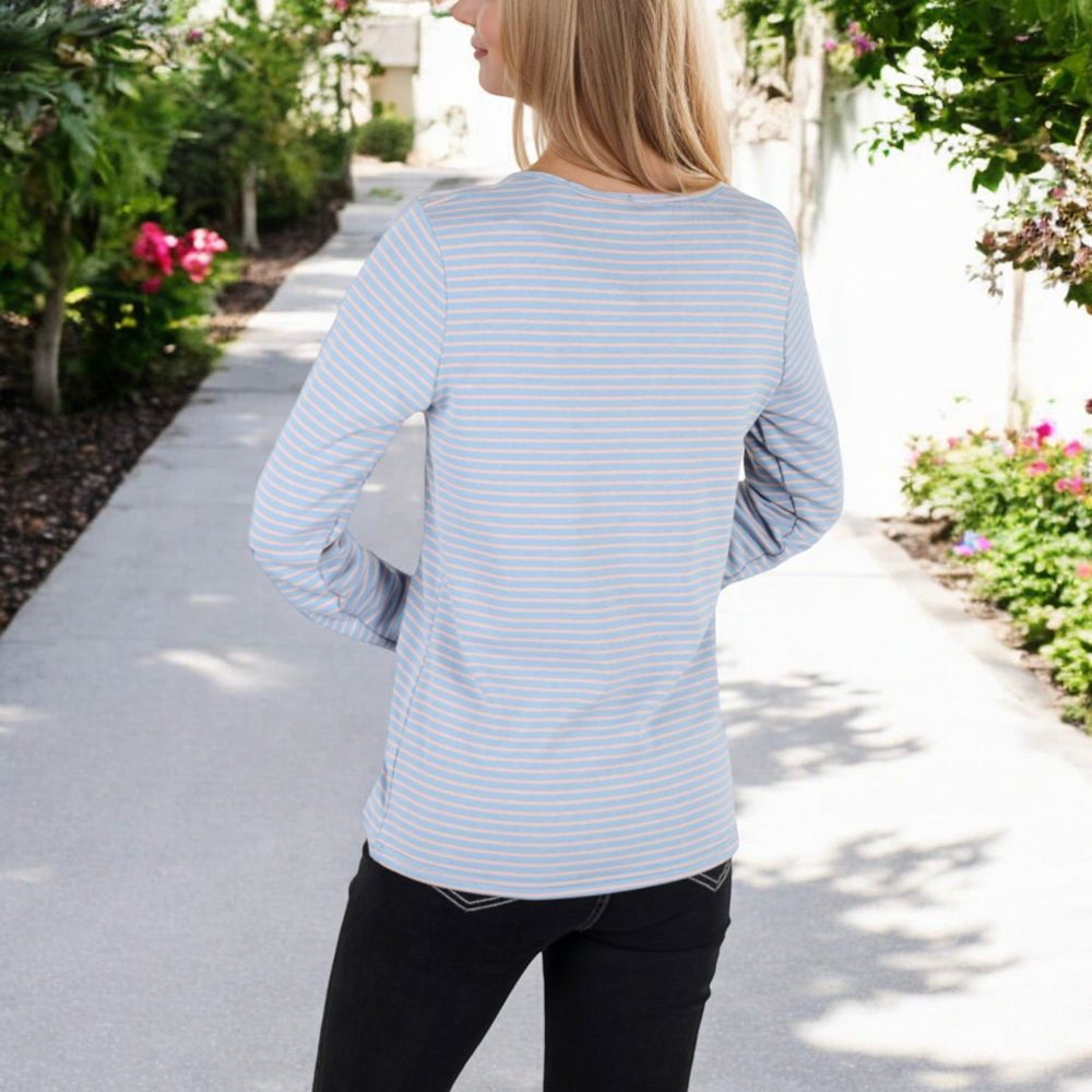 Long Sleeve Striped Henley Top with Button Placket and Scoop Neck