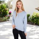 Blue Large Long Sleeve Striped Henley Top with Button Placket and Scoop Neck