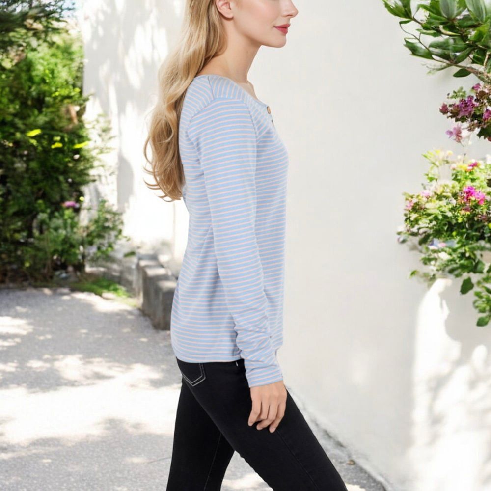 Long Sleeve Striped Henley Top with Button Placket and Scoop Neck