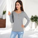 Gray Large Long Sleeve Striped Henley Top with Button Placket and Scoop Neck