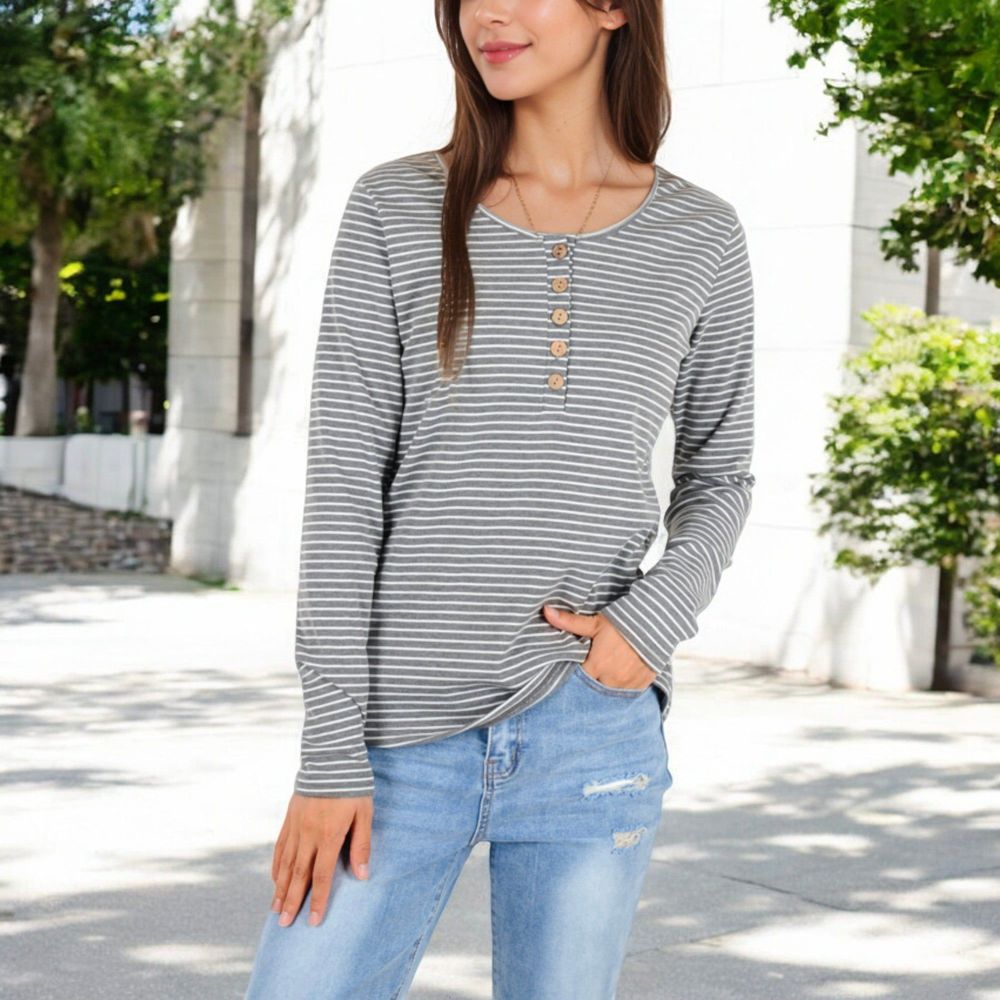 Long Sleeve Striped Henley Top with Button Placket and Scoop Neck