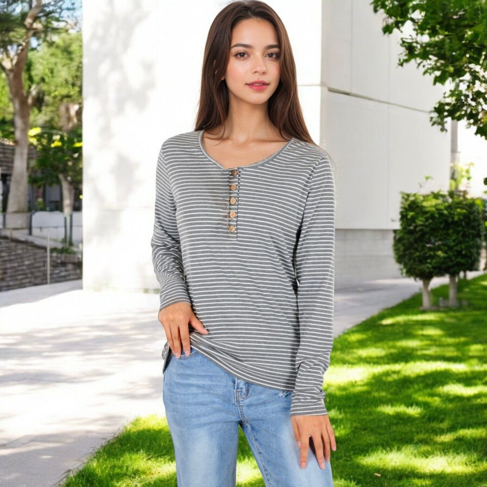 Long Sleeve Striped Henley Top with Button Placket and Scoop Neck