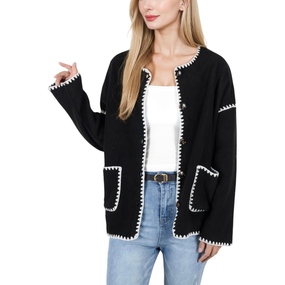 Button Front Knit Cardigan with Contrast Stitching and Front Pockets