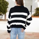  Striped Long Sleeve Knit Sweater with V-Neck Collar