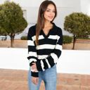  Striped Long Sleeve Knit Sweater with V-Neck Collar