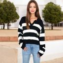  Striped Long Sleeve Knit Sweater with V-Neck Collar