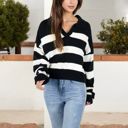  Striped Long Sleeve Knit Sweater with V-Neck Collar