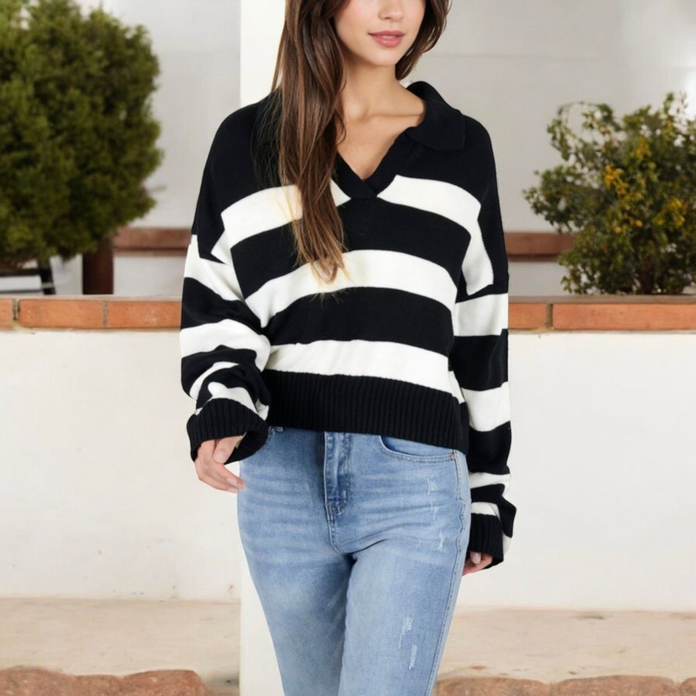 Striped Long Sleeve Knit Sweater with V-Neck Collar