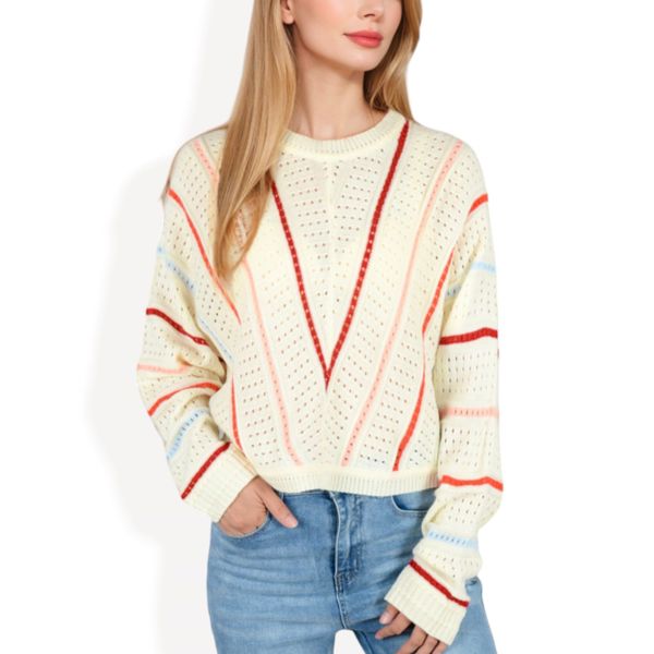 Striped V-Detail Long Sleeve Knit Sweater with Crew Neck