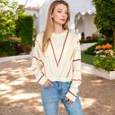 Beige Large Striped V-Detail Long Sleeve Knit Sweater with Crew Neck