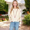 Beige Large Striped V-Detail Long Sleeve Knit Sweater with Crew Neck