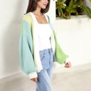  Long Sleeve Open Front Color Block Knit Cardigan with Ribbed Cuffs and Hem