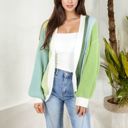  Long Sleeve Open Front Color Block Knit Cardigan with Ribbed Cuffs and Hem