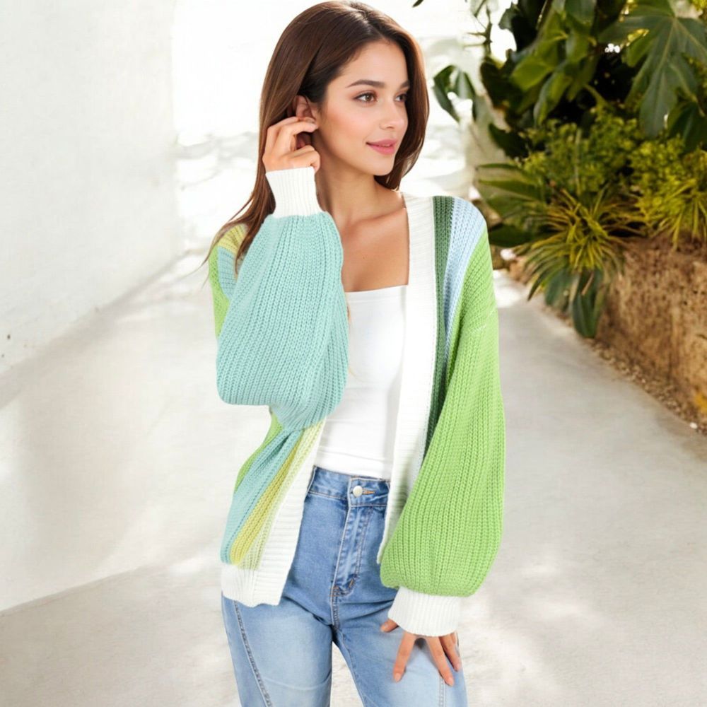 Long Sleeve Open Front Color Block Knit Cardigan with Ribbed Cuffs and Hem