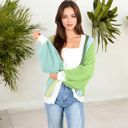 Green Large Long Sleeve Open Front Color Block Knit Cardigan with Ribbed Cuffs and Hem