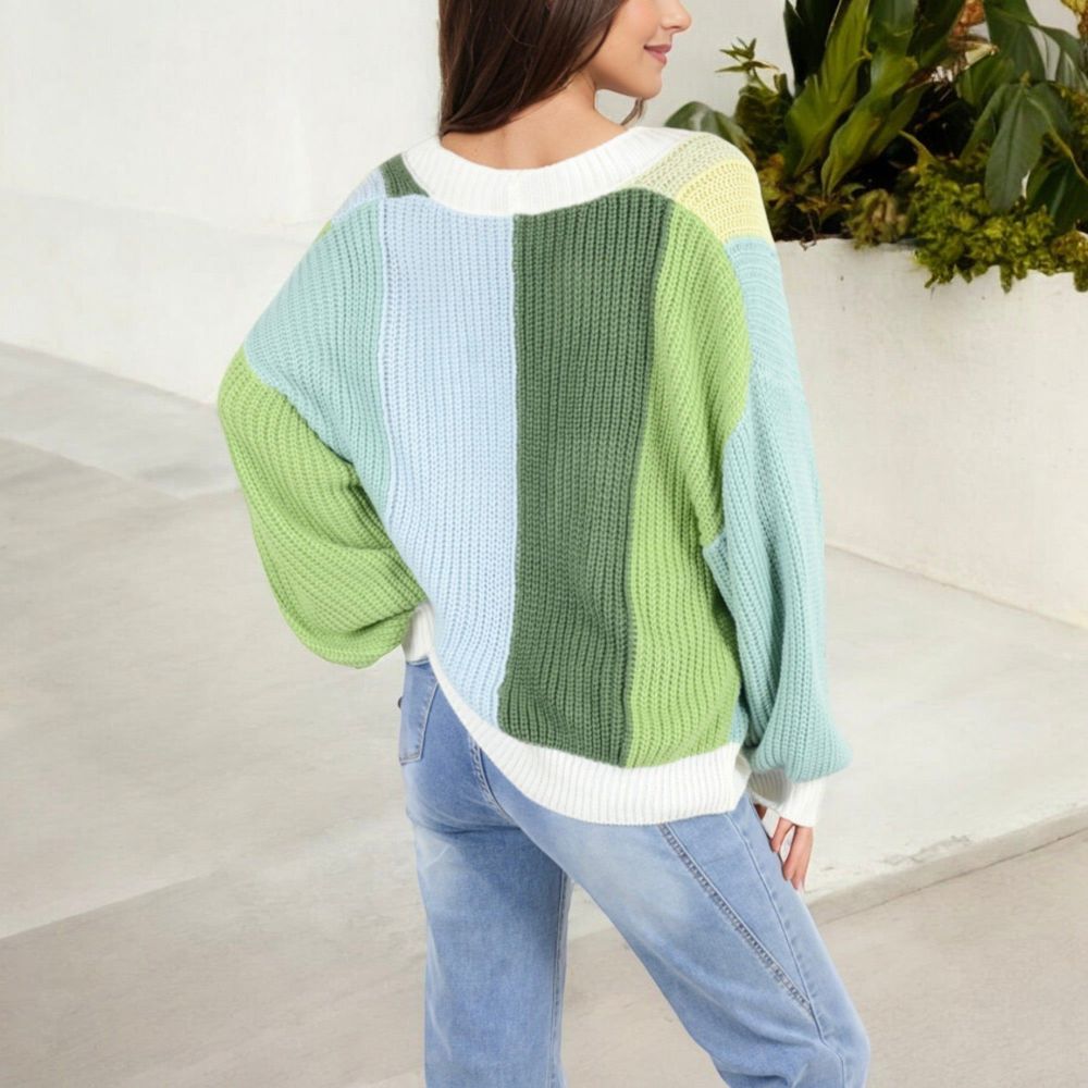 Long Sleeve Open Front Color Block Knit Cardigan with Ribbed Cuffs and Hem