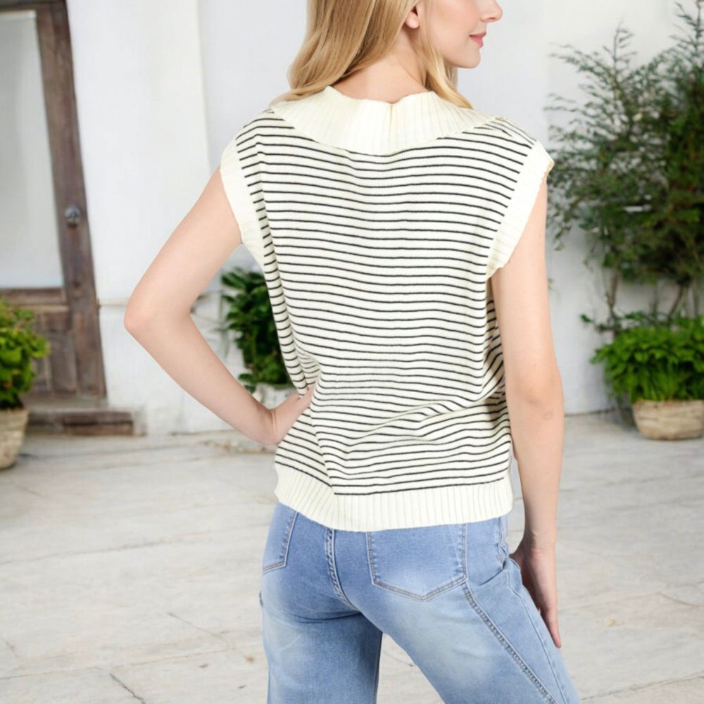 Sleeveless Knit Striped V-Neck Sweater Vest with Ribbed Trim