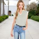  Sleeveless Knit Striped V-Neck Sweater Vest with Ribbed Trim