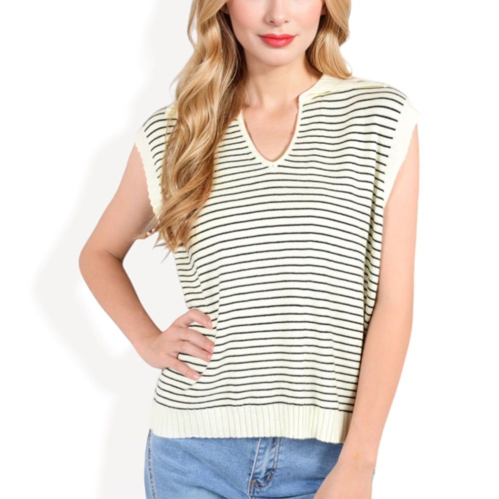 Sleeveless Knit Striped V-Neck Sweater Vest with Ribbed Trim