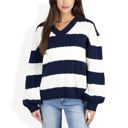  Striped Knit Sweater with V-Neckline and Balloon Sleeves