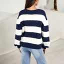  Striped Knit Sweater with V-Neckline and Balloon Sleeves