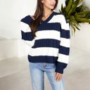  Striped Knit Sweater with V-Neckline and Balloon Sleeves