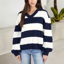  Striped Knit Sweater with V-Neckline and Balloon Sleeves