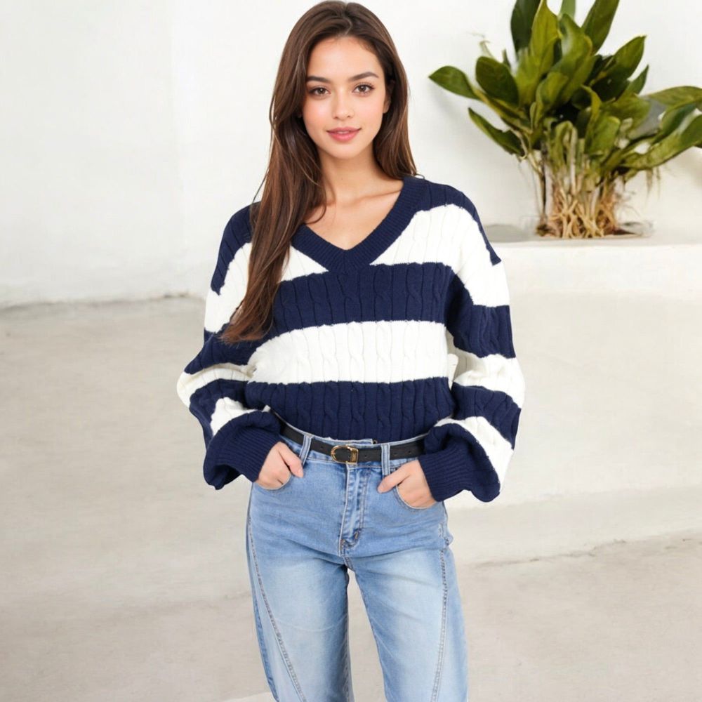 Striped Knit Sweater with V-Neckline and Balloon Sleeves