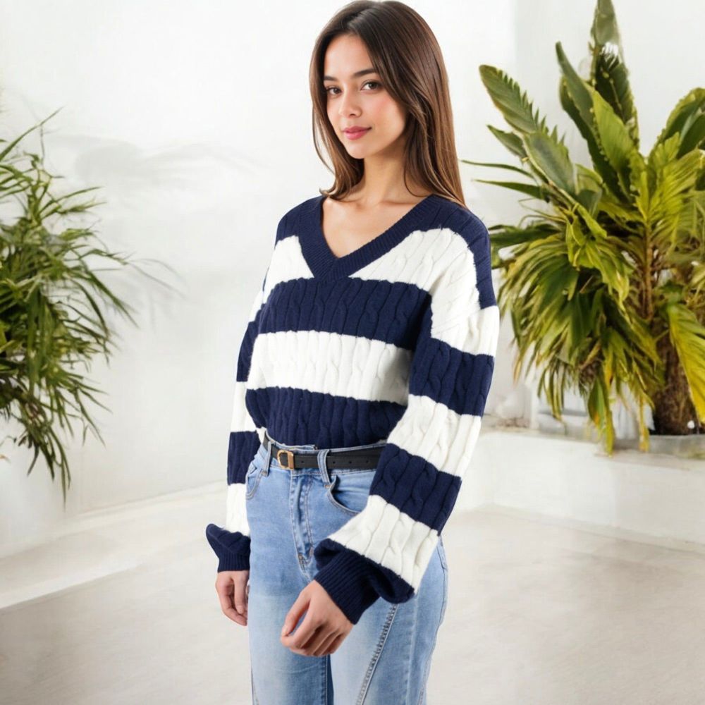 Striped Knit Sweater with V-Neckline and Balloon Sleeves