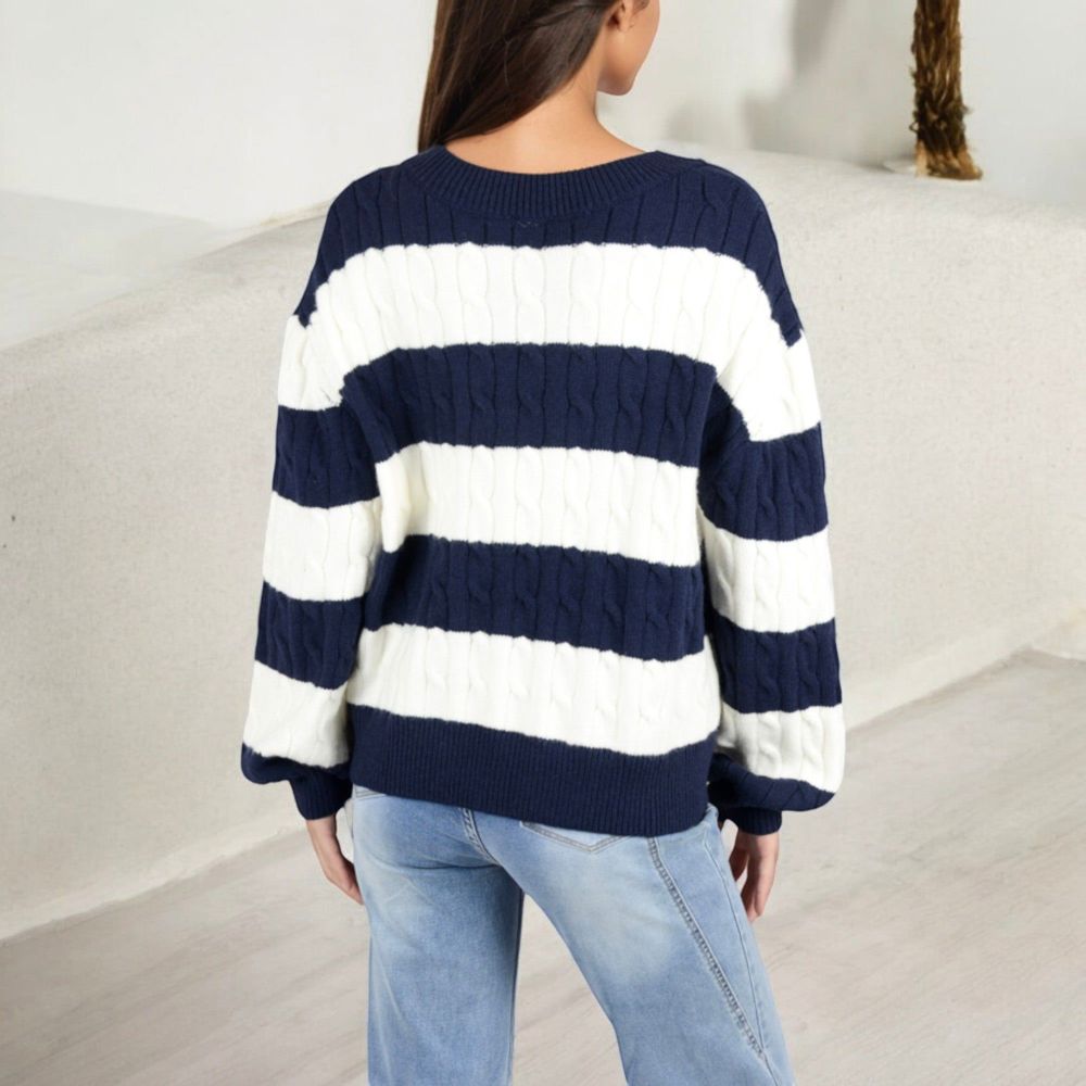 Striped Knit Sweater with V-Neckline and Balloon Sleeves