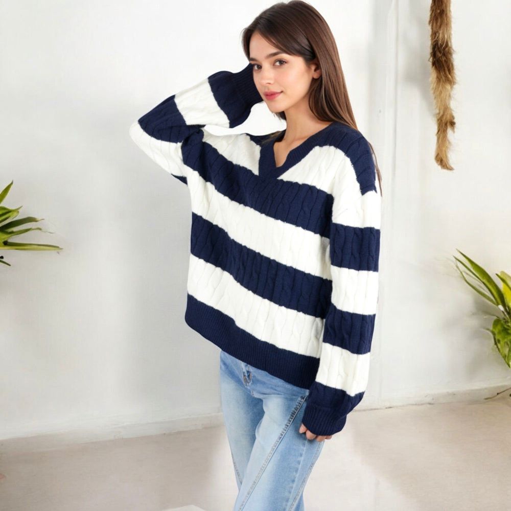 Striped Knit Sweater with V-Neckline and Balloon Sleeves