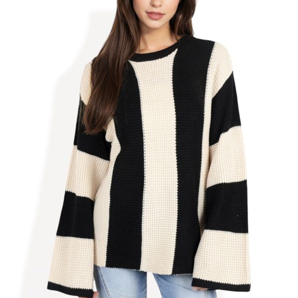 Striped Long Sleeve Sweater Waffle Knit Pattern with Bell Sleeves