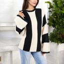  Striped Long Sleeve Sweater Waffle Knit Pattern with Bell Sleeves