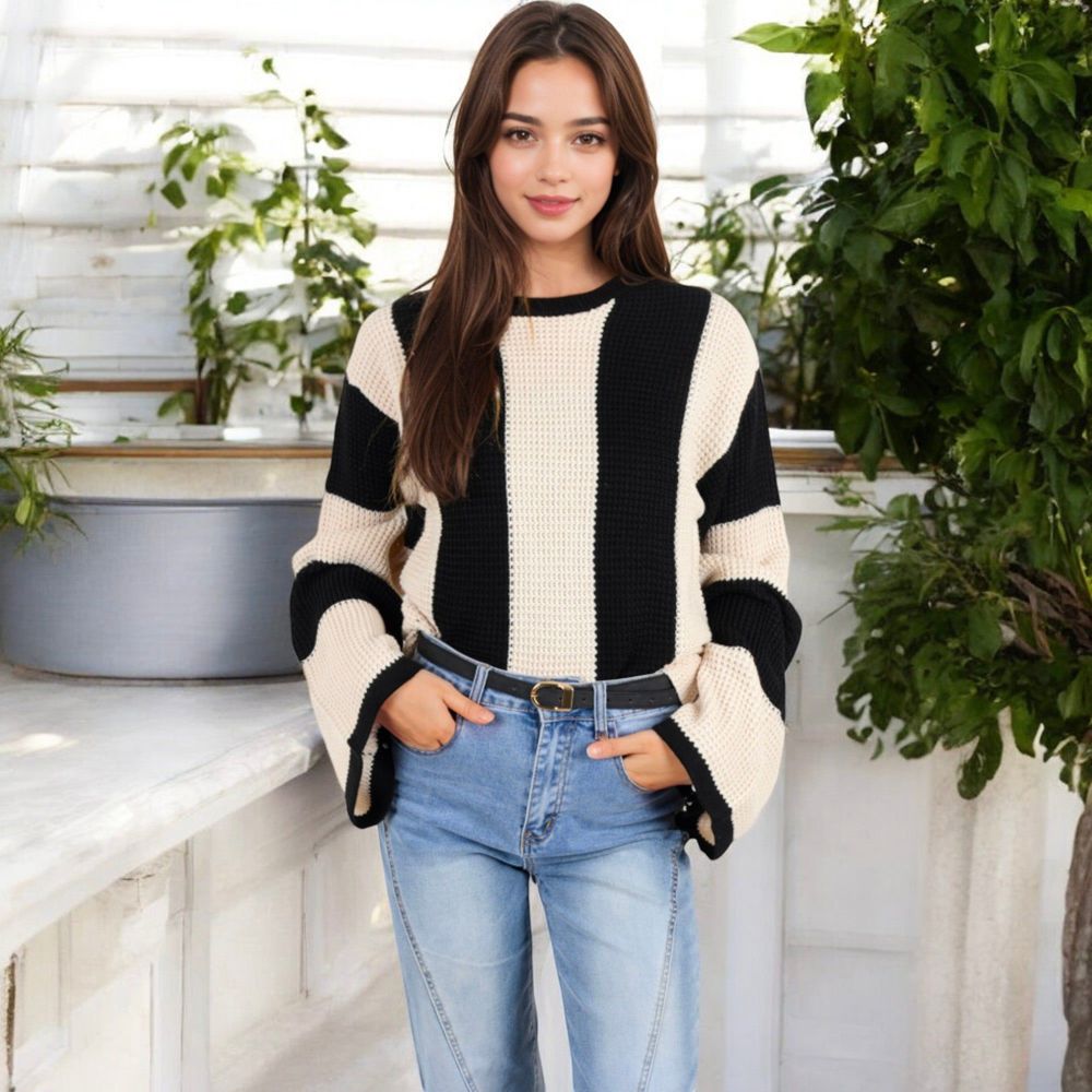 Striped Long Sleeve Sweater Waffle Knit Pattern with Bell Sleeves