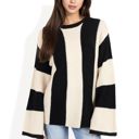 Beige Medium Striped Long Sleeve Sweater Waffle Knit Pattern with Bell Sleeves