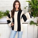 Beige Medium Striped Long Sleeve Sweater Waffle Knit Pattern with Bell Sleeves