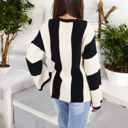 Beige Medium Striped Long Sleeve Sweater Waffle Knit Pattern with Bell Sleeves