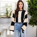 Beige Medium Striped Long Sleeve Sweater Waffle Knit Pattern with Bell Sleeves