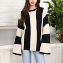 Beige Medium Striped Long Sleeve Sweater Waffle Knit Pattern with Bell Sleeves