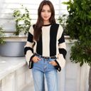 Beige Medium Striped Long Sleeve Sweater Waffle Knit Pattern with Bell Sleeves