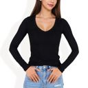 Black Large Long Sleeve Fitted V-Neck Top with Stretch Fabric for Layering