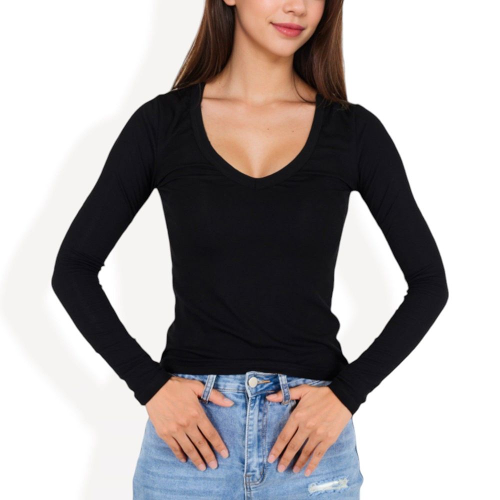 Long Sleeve Fitted V-Neck Top with Stretch Fabric for Layering