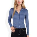 Blue Large Long Sleeve Button Down Collared Top with Stretch Fabric Fitted Design