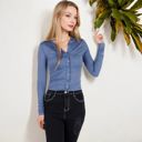 Blue Large Long Sleeve Button Down Collared Top with Stretch Fabric Fitted Design